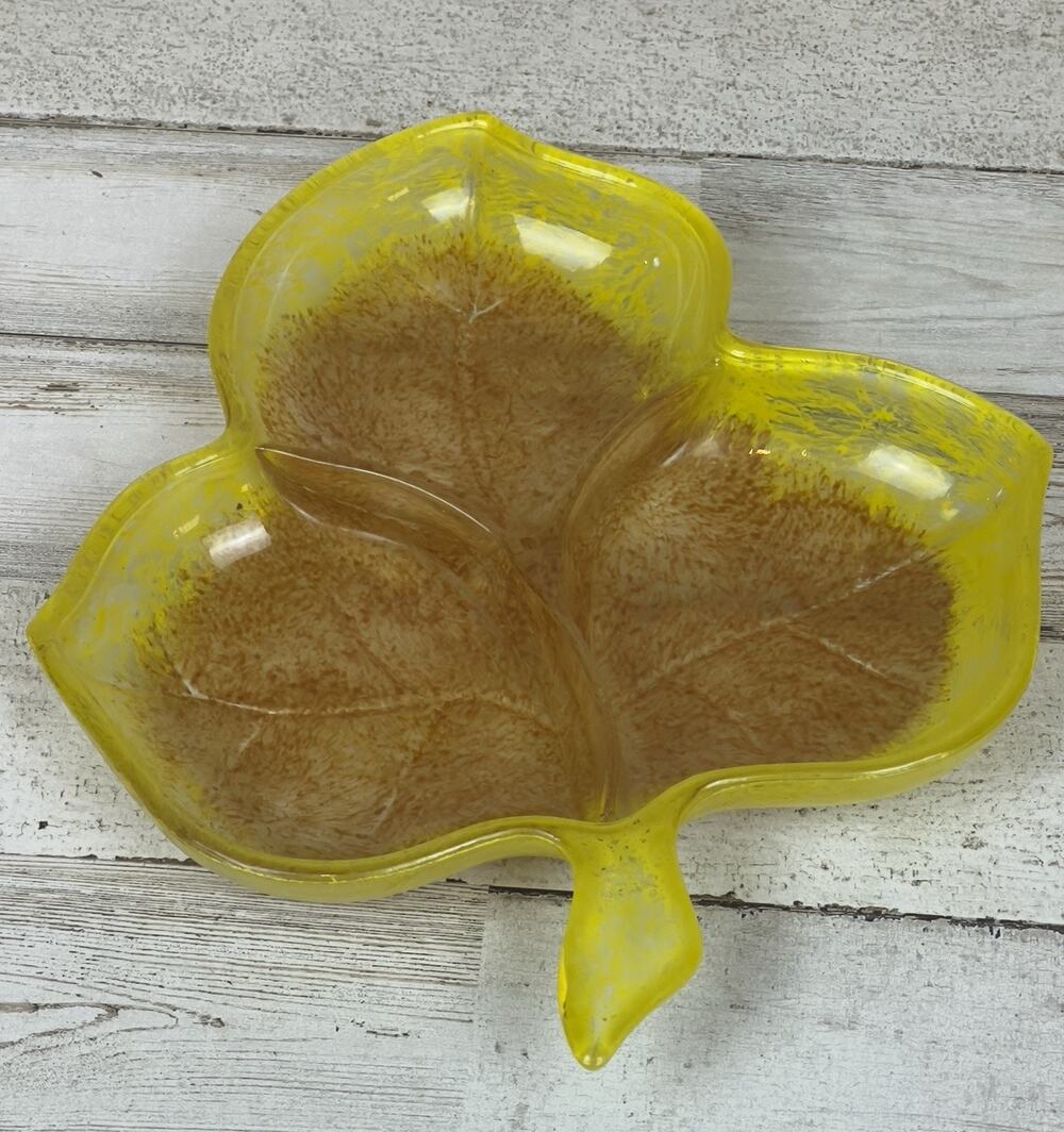 Vintage Amber Yellow Leaf Divided Candy Nut Dish Pressed Glass Trinket Tray